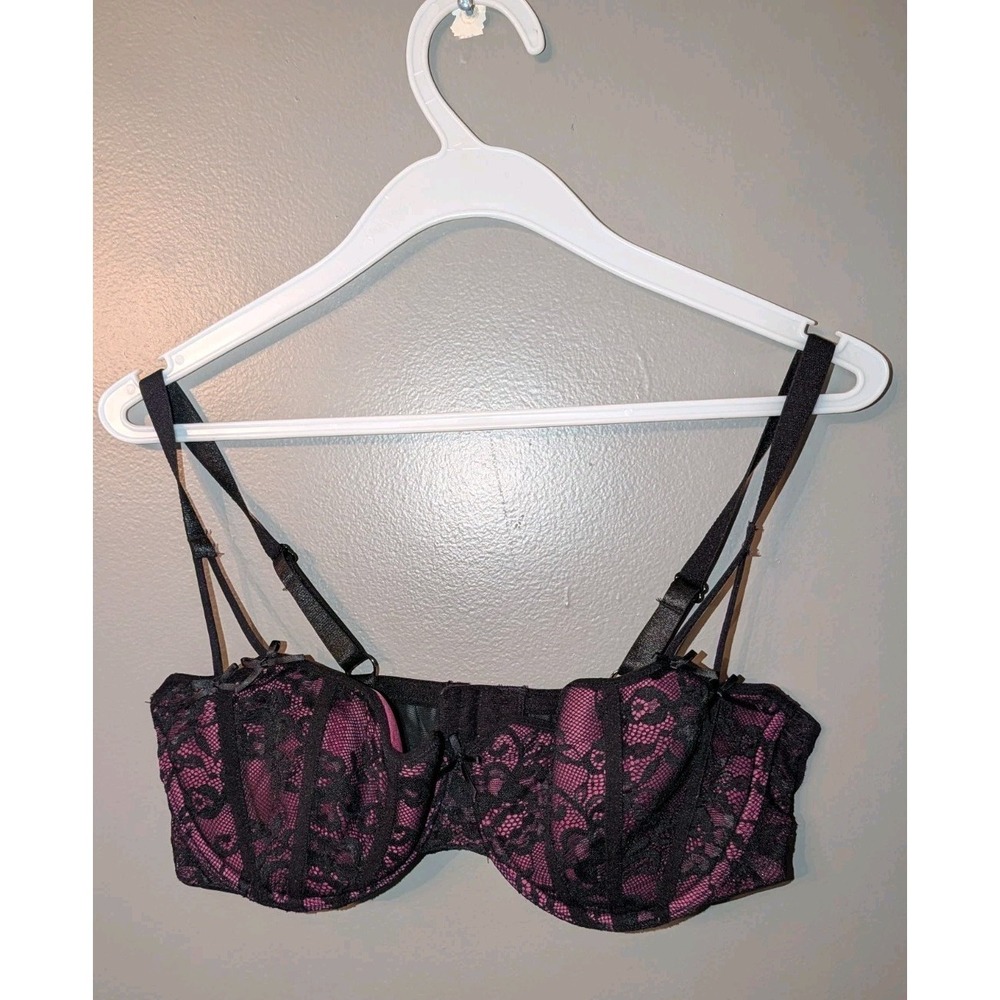 Adore Me Women's Black Pink Padded Mesh Lacy Scalloped Bra Size 36D Lingerie